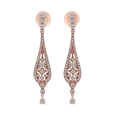 18K Rose Gold 1 3/4 Cttw Diamond Milgrain Edged Vintage Art Deco Style Drop and Dangle Earring (F-G Color, VS1-VS2 Clarity)