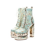 Platform Ankle Boots with Floral Pattern